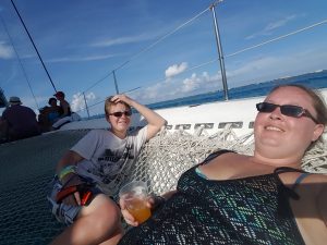 Lounging on the catamaran on our way back to Cancun after our organized day trip