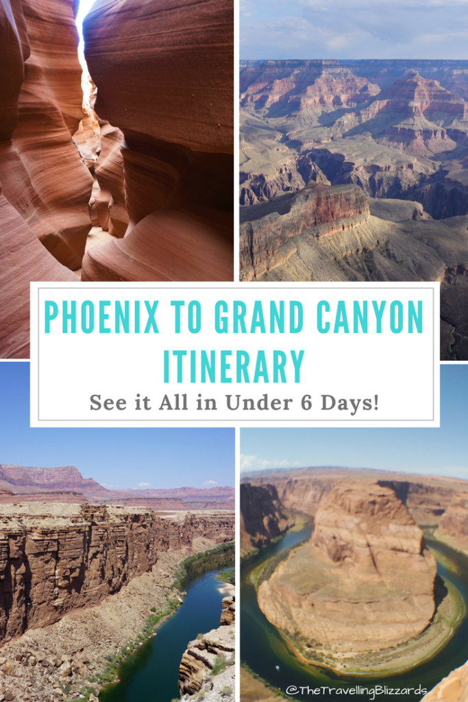 Looking for a killer Phoenix to Grand Canyon itinerary? Here it is! The best things to do for a visit of any length. Use these tips for a quick 1-2 day visit, or follow the itinerary if you have a week to spend. #pheonixtograndcanyon #grandcanyon #grandcanyonitinerary #thingstodograndcanyon #horseshoebend #slotcanyon #pagearizona