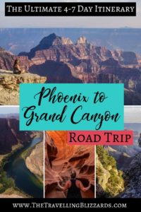 Road trip from Phoenix to the Grand Canyon with this ideal itinerary! Stop at the lava tubes, Flinstones Park, Horseshoe Bend and a slot canyon near Antelope Canyon! Spend a day on the North Rim and the South Rim, having fun along the way. Road trip for 4 to 7 days. #grandcanyonitinerary #phoenixtograndcanyon #usnationalpark #horseshoebend #nationalpark #usroadtrip