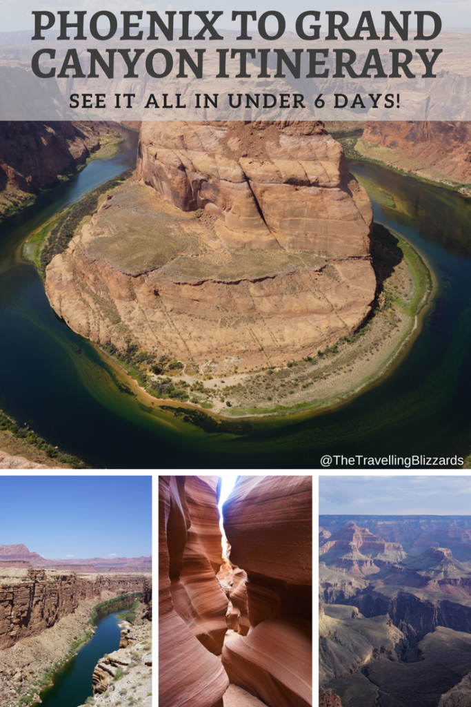 Looking for a killer Phoenix to Grand Canyon itinerary? Here it is! The best things to do for a visit of any length. Use these tips for a quick 1-2 day visit, or follow the itinerary if you have a week to spend. #pheonixtograndcanyon #grandcanyon #grandcanyonitinerary #thingstodograndcanyon #horseshoebend #slotcanyon #pagearizona