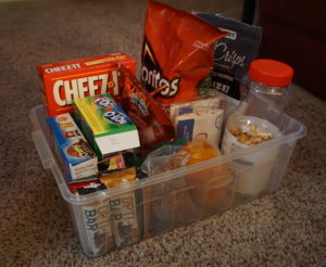 Our rubbermaid bin of easy to grab snacks