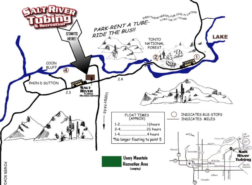 A handdrawn map of the Salt River with markings for where the floats start and finish, as well as float time frames. 