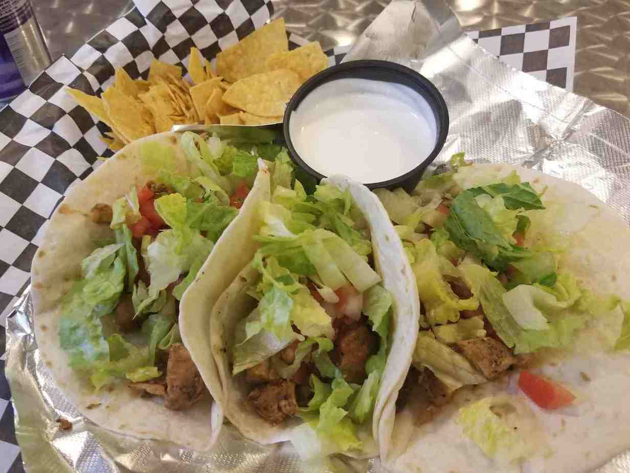 3 tacos and chips & dip at Little Boomer's Tacos on Market Street in Corning NY