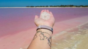 A handful of salt at Las Coloradas, the pink lakes of Mexico