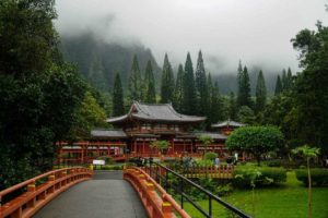 The Byodo-In Temple from the bridge with a cloudy backdrop and beautiful trees