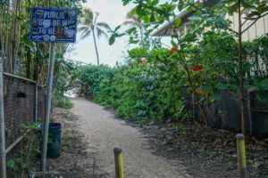 Pathway to the beach with blue 'beach access' sign 