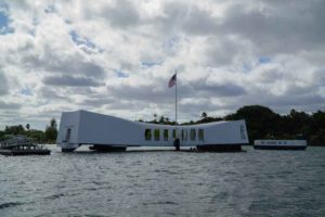 The USS Arizona memorial from the free boat tour