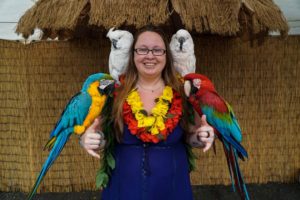 Me with 2 parrots and 2 cockatoos on my arms & shoulders