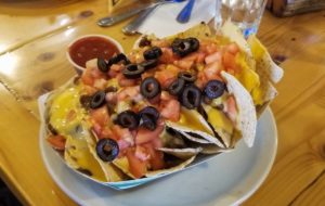 Paper plate full of tortilla chips topped with queso cheese, tomatoes and olives, with a side of salsa at Custer's Trading Post and Cafe, Crow Agency, Montana